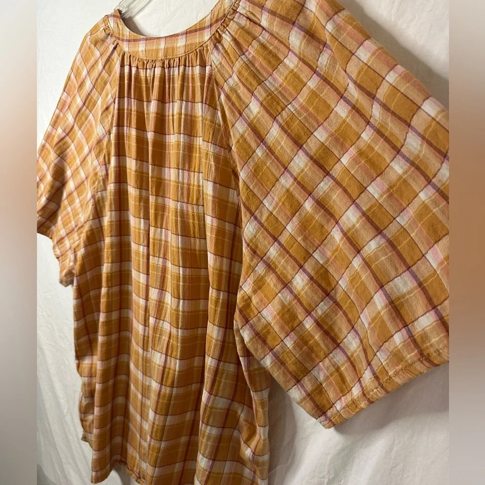 BeachLunchLounge XL Mustard Plaid Blouse Boho Peasant Top - Picture 6 of 6
